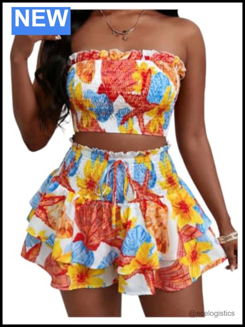 Women's 2 Piece Floral Skirt Set Strapless Crop Top Ruffle Mini Outfit